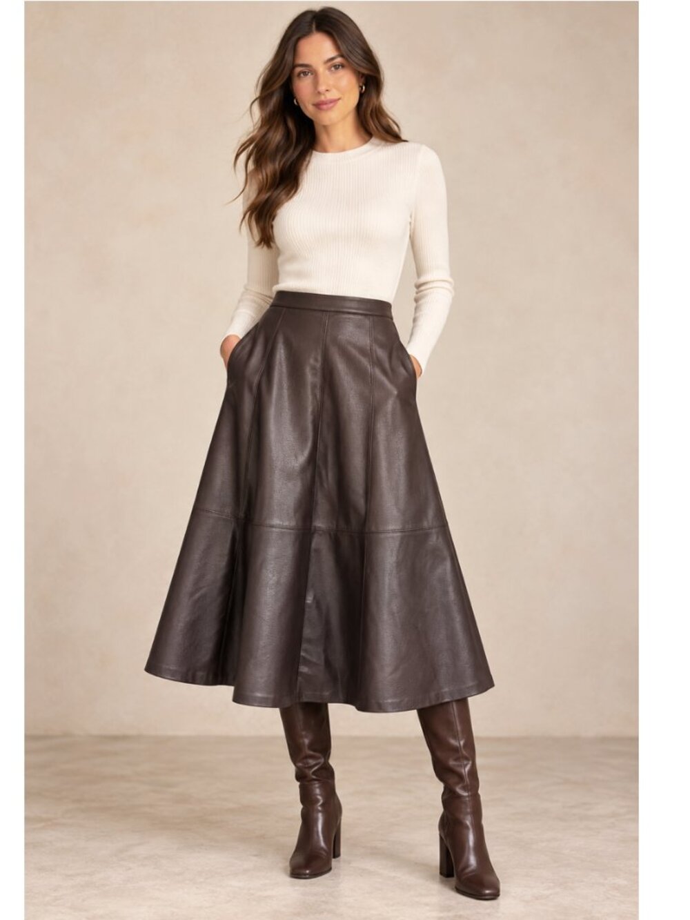 H&M Edition Brown Faux Leather A-Line Midi Skirt Size 12 Fall Cark Academia